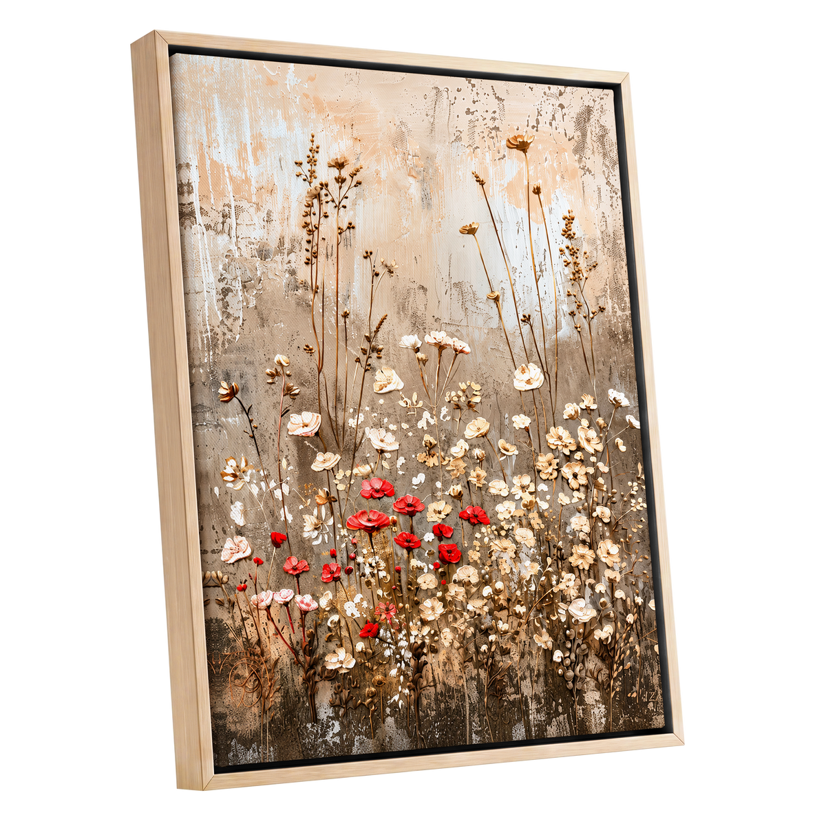 Scarlet Meadow Tapestry, beige, white, brown floral wall art shown as a oak framed canvas wall art