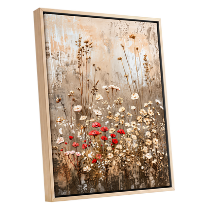 Scarlet Meadow Tapestry, beige, white, brown floral wall art shown as a oak framed canvas wall art