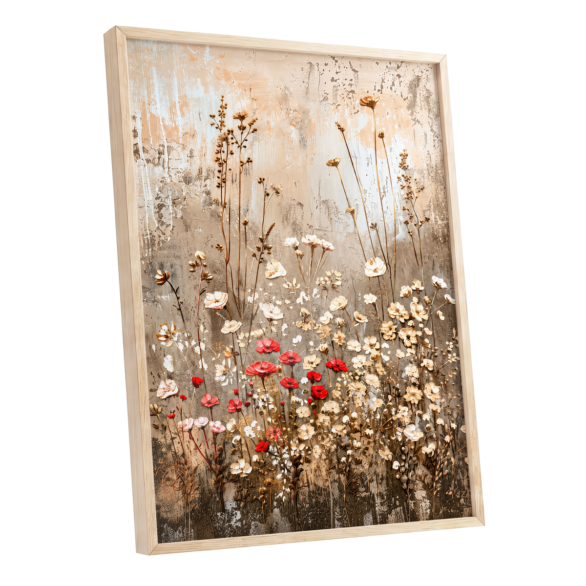 Scarlet Meadow Tapestry, beige, white, brown floral wall art shown as a oak framed poster wall art print