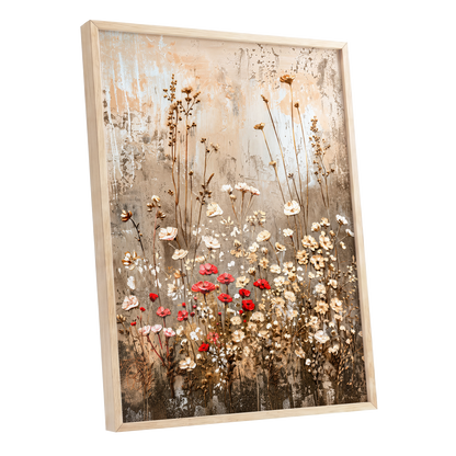 Scarlet Meadow Tapestry, beige, white, brown floral wall art shown as a oak framed poster wall art print