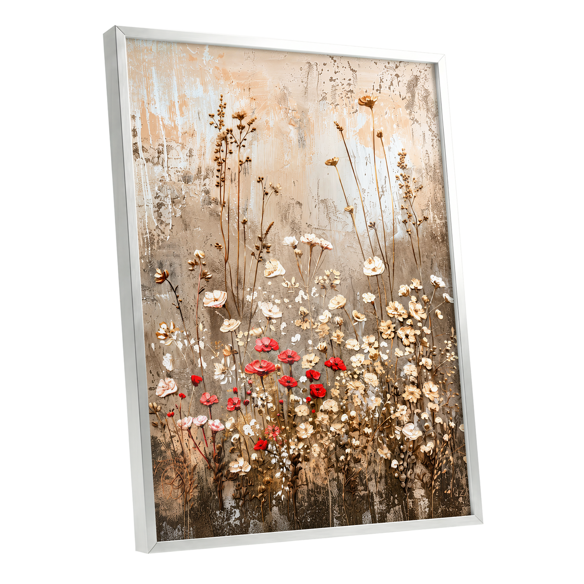 Scarlet Meadow Tapestry, beige, white, brown floral wall art shown as a silver framed poster wall art print