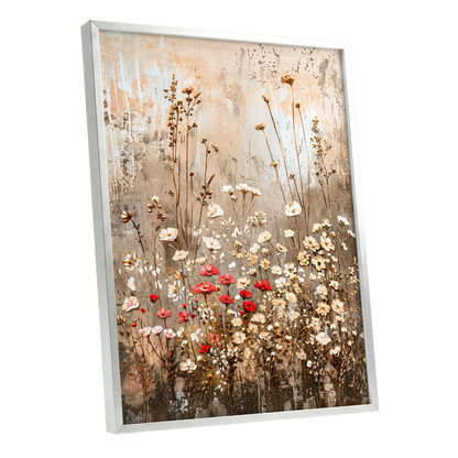 Scarlet Meadow Tapestry, beige, white, brown floral wall art shown as a silver framed poster wall art print
