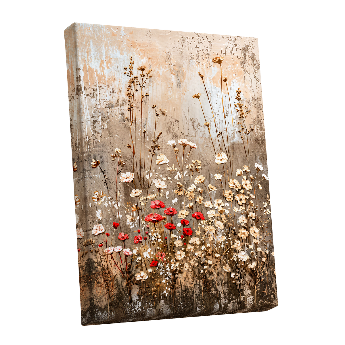 Scarlet Meadow Tapestry, beige, white, brown floral wall art shown as a stretched canvas wall art