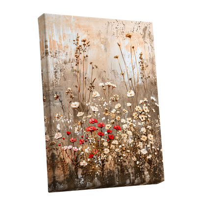 Scarlet Meadow Tapestry, beige, white, brown floral wall art shown as a stretched canvas wall art
