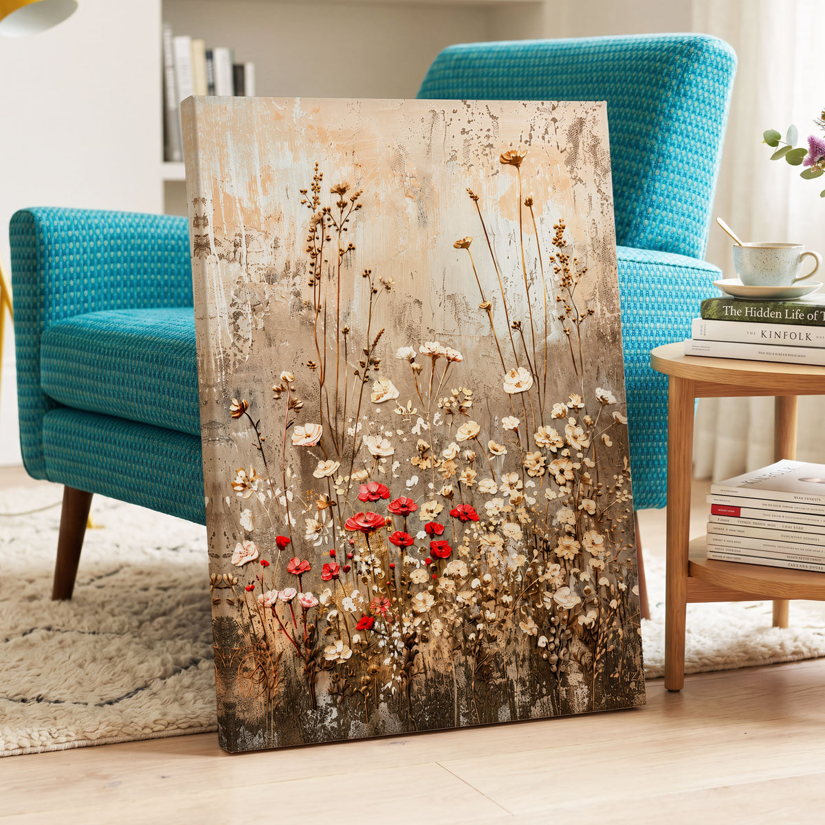 Scarlet Meadow Tapestry, beige, white, brown floral wall art displayed in a styled interior, gallery view 3