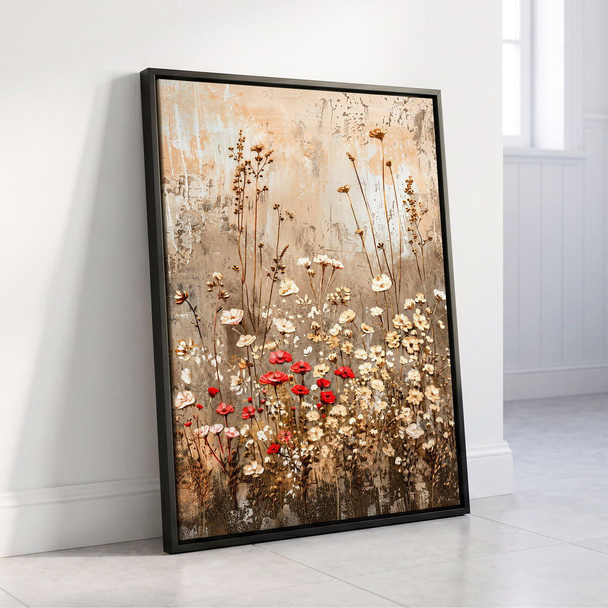 Scarlet Meadow Tapestry, beige, white, brown floral wall art displayed in a styled interior, gallery view 4