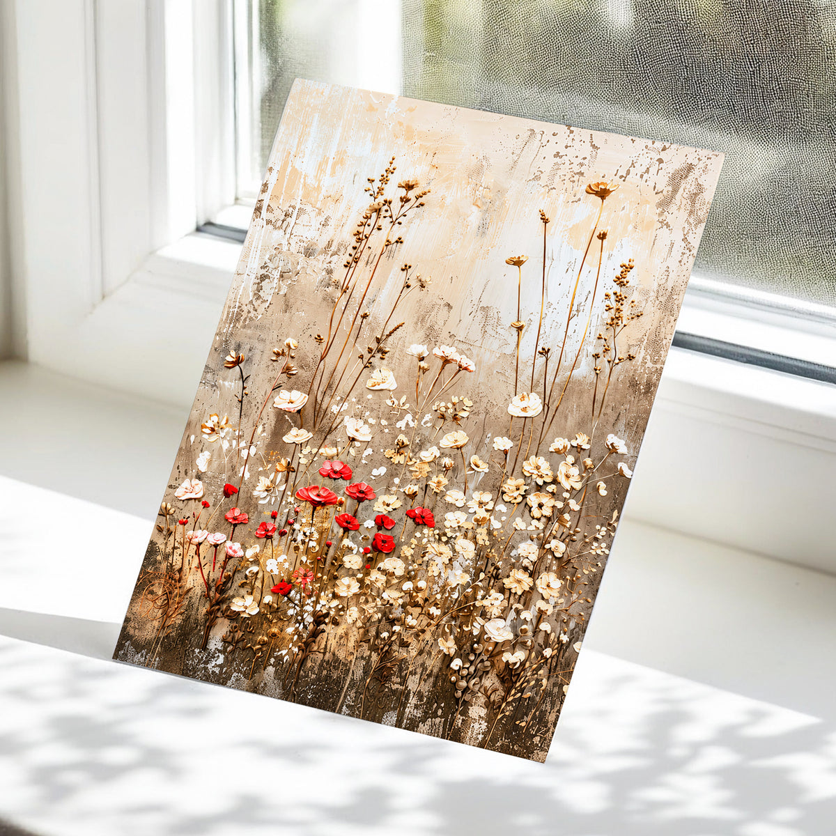 Scarlet Meadow Tapestry, beige, white, brown floral wall art displayed in a styled interior, gallery view 5