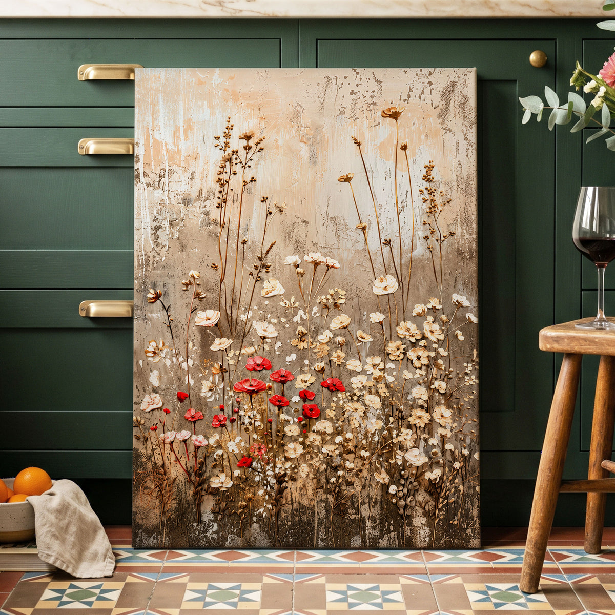Scarlet Meadow Tapestry, beige, white, brown floral wall art displayed in a styled interior, gallery view 7