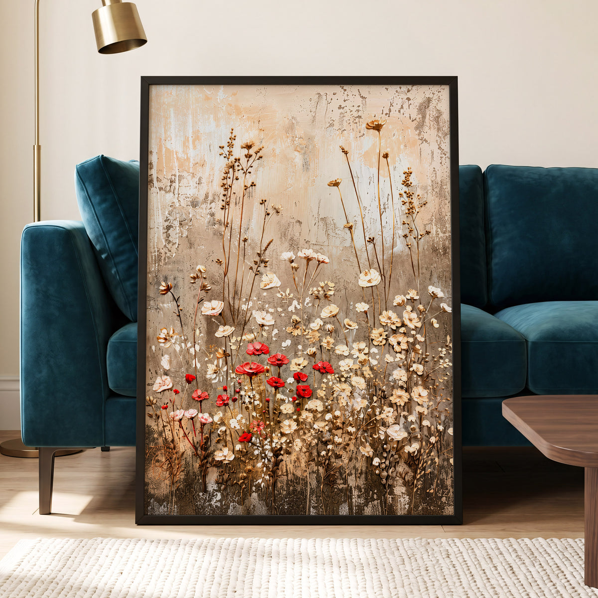Scarlet Meadow Tapestry, beige, white, brown floral wall art displayed in a styled interior, gallery view 9