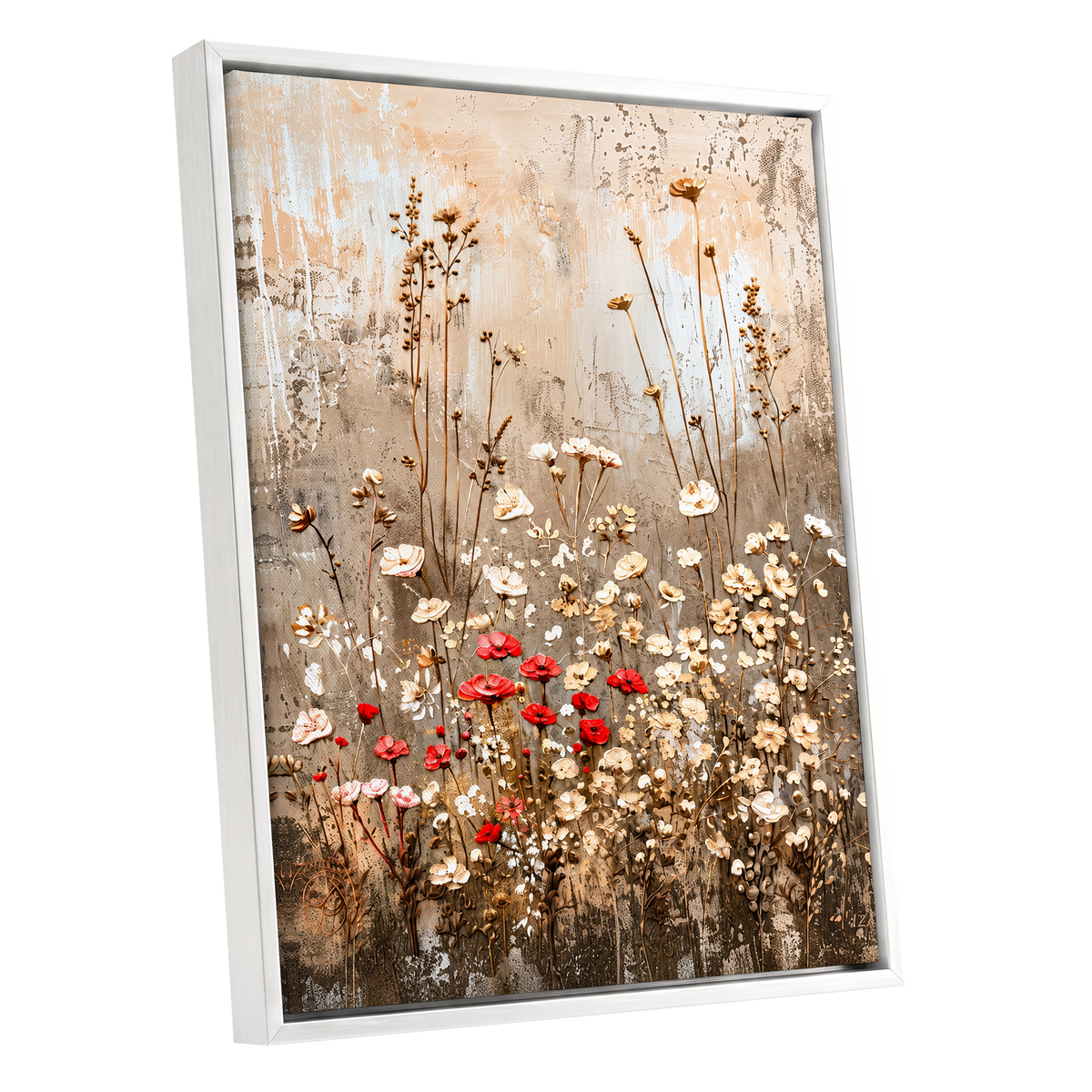 Scarlet Meadow Tapestry, beige, white, brown floral wall art shown as a white framed canvas wall art
