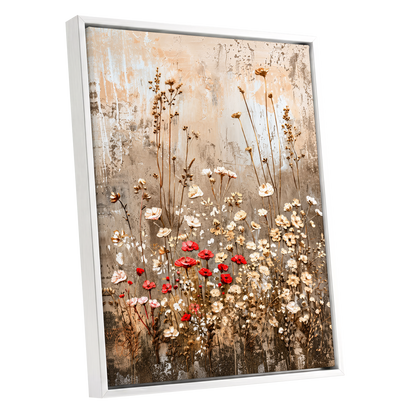 Scarlet Meadow Tapestry, beige, white, brown floral wall art shown as a white framed canvas wall art