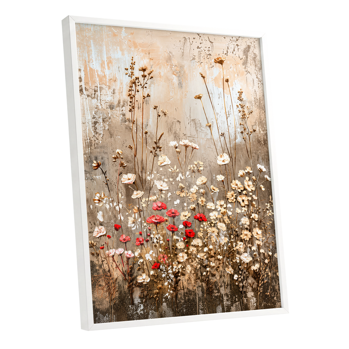 Scarlet Meadow Tapestry, beige, white, brown floral wall art shown as a white framed poster wall art print