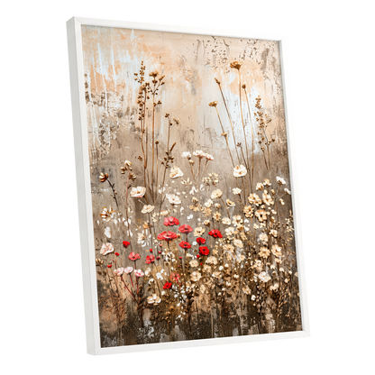 Scarlet Meadow Tapestry, beige, white, brown floral wall art shown as a white framed poster wall art print