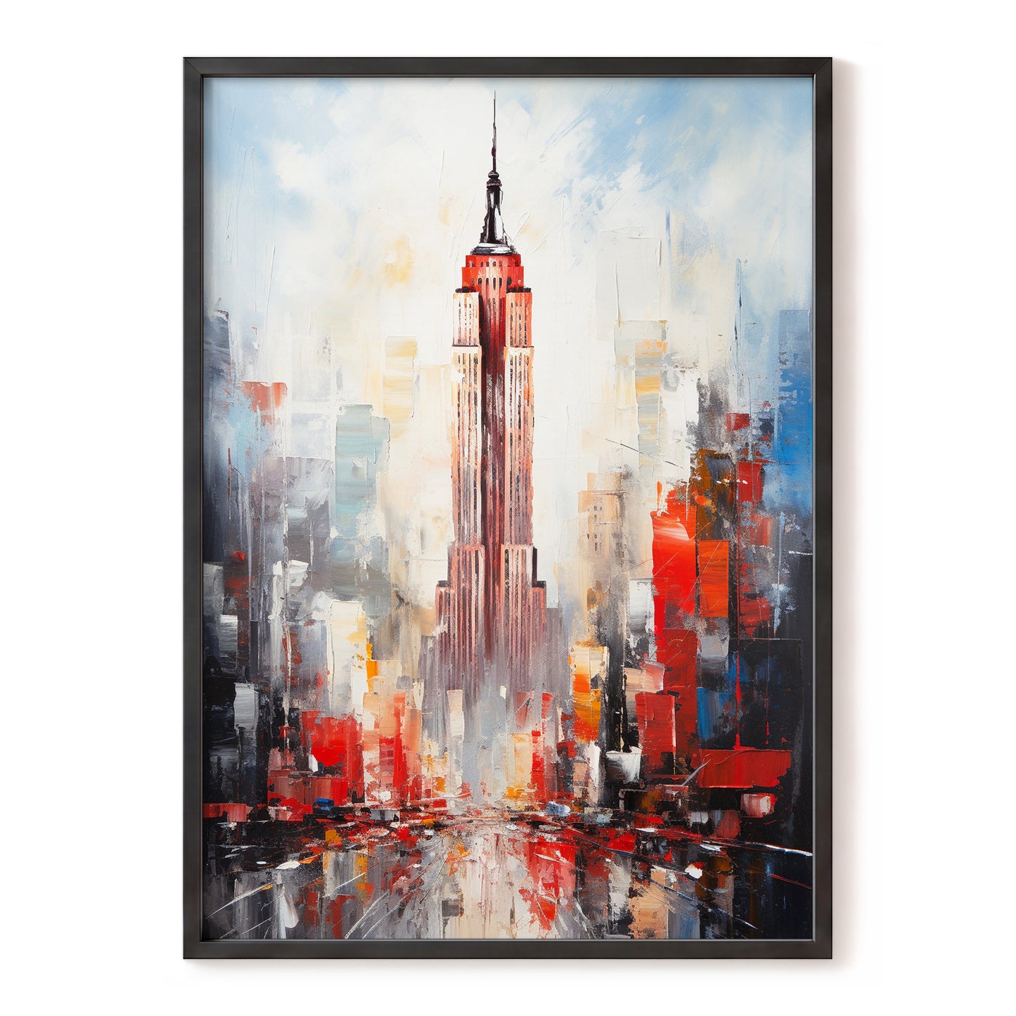 Scarlet Metropolis, red, blue, gray abstract wall art, front artwork view