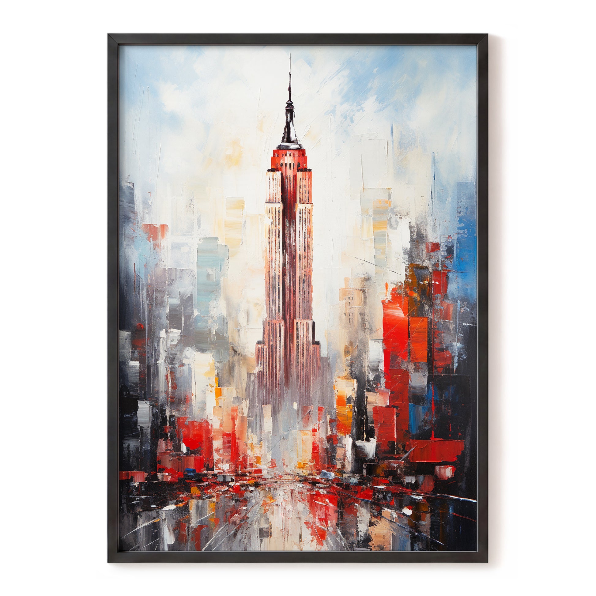 Scarlet Metropolis, red, blue, gray abstract wall art, front artwork view