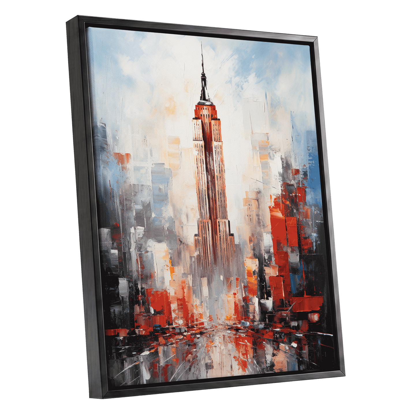 Scarlet Metropolis, red, blue, gray abstract wall art shown as a black framed canvas wall art