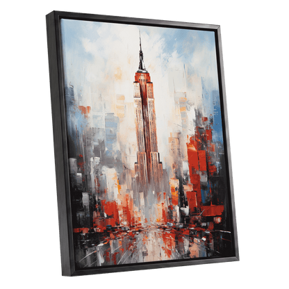 Scarlet Metropolis, red, blue, gray abstract wall art shown as a black framed canvas wall art