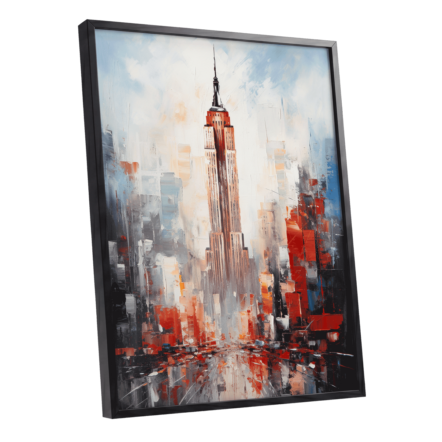 Scarlet Metropolis, red, blue, gray abstract wall art shown as a black framed poster wall art print