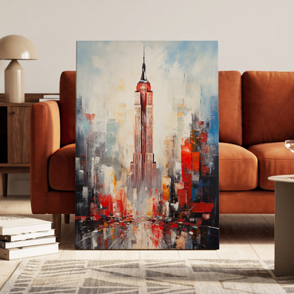 Scarlet Metropolis, red, blue, gray abstract wall art on canvas displayed in a styled interior, gallery view 1