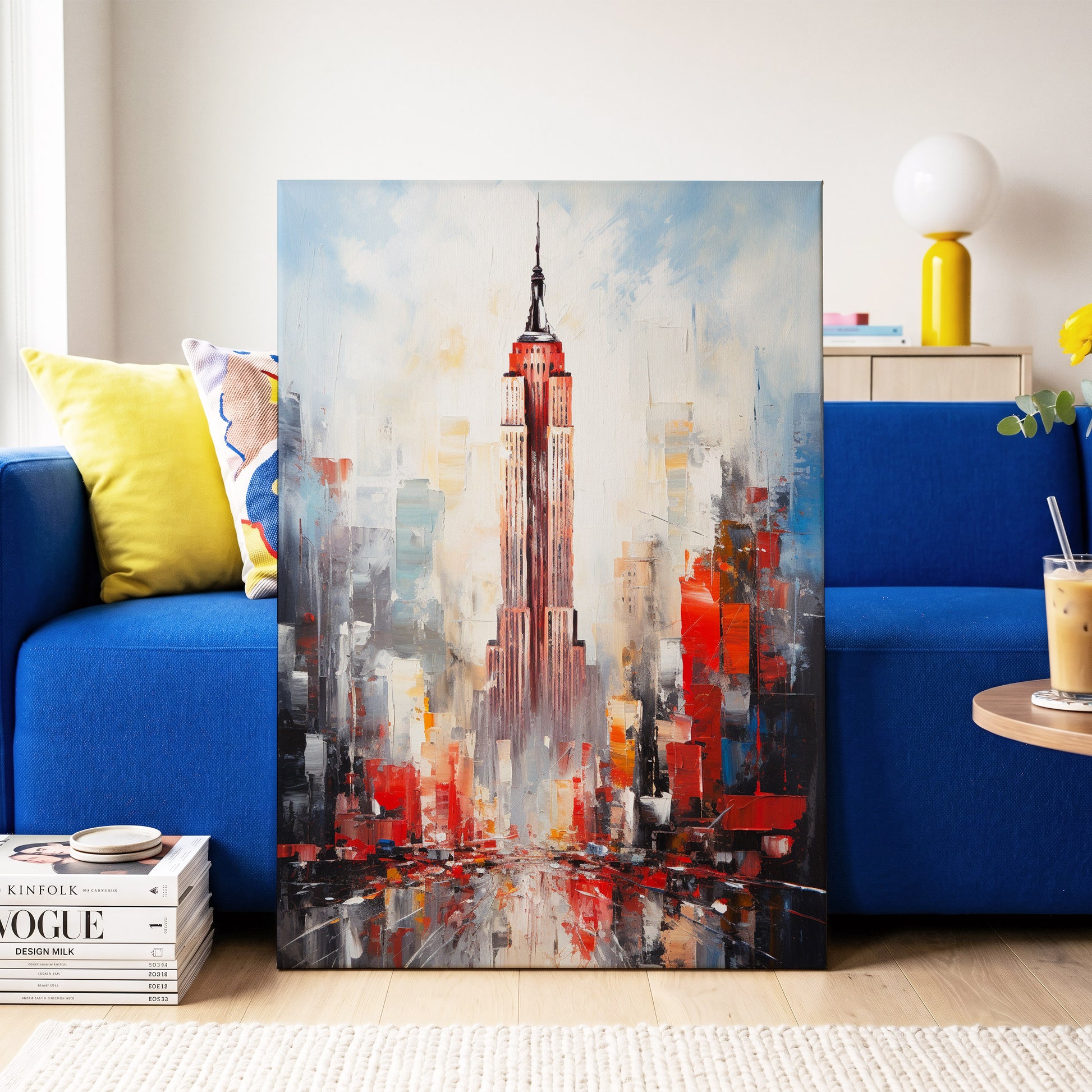 Scarlet Metropolis, red, blue, gray abstract wall art on canvas displayed in a styled interior, gallery view 2