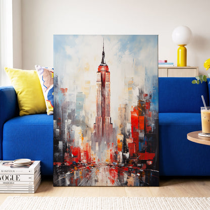 Scarlet Metropolis, red, blue, gray abstract wall art on canvas displayed in a styled interior, gallery view 2