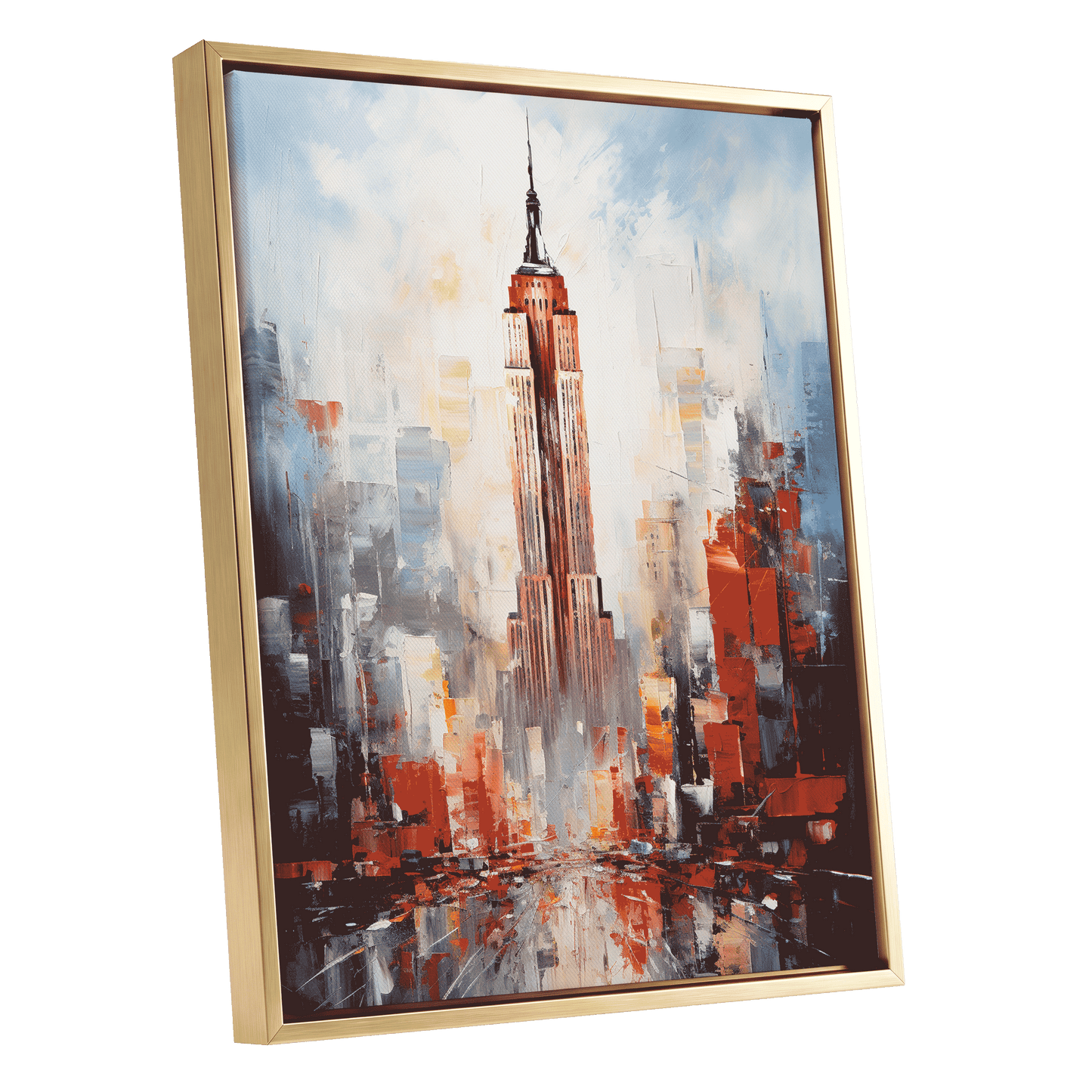Scarlet Metropolis, red, blue, gray abstract wall art shown as a gold framed canvas wall art