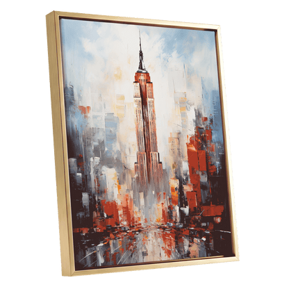 Scarlet Metropolis, red, blue, gray abstract wall art shown as a gold framed canvas wall art