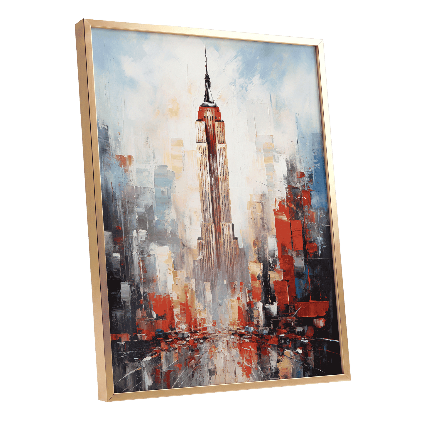 Scarlet Metropolis, red, blue, gray abstract wall art shown as a gold framed poster wall art print