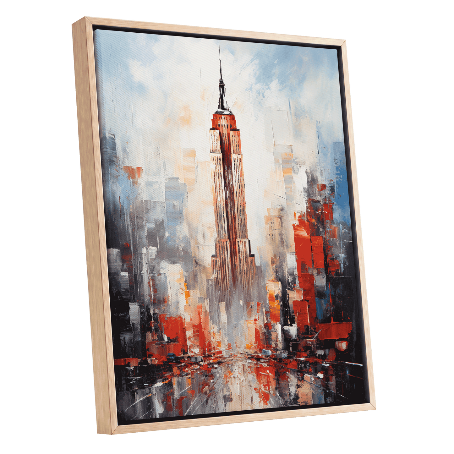 Scarlet Metropolis, red, blue, gray abstract wall art shown as a oak framed canvas wall art