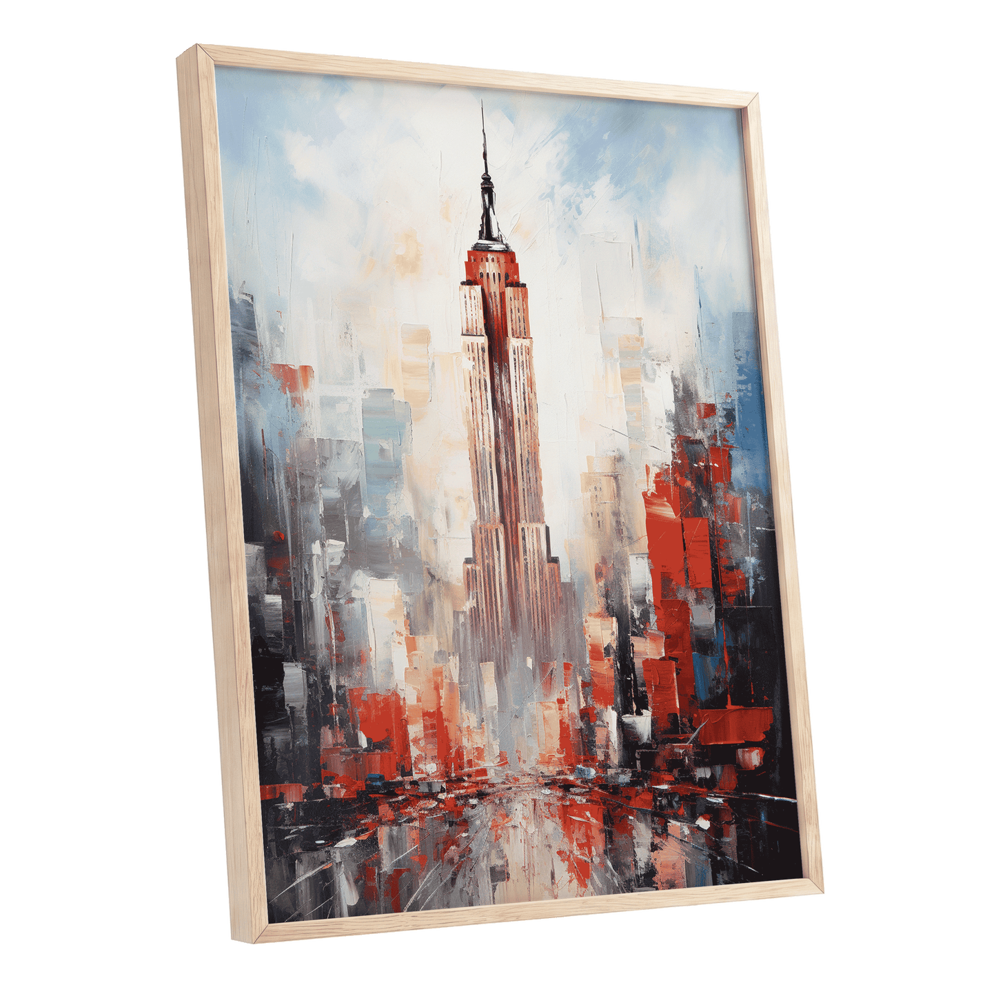 Scarlet Metropolis, red, blue, gray abstract wall art shown as a oak framed poster wall art print
