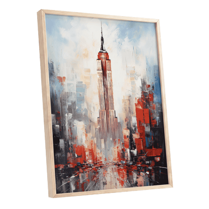 Scarlet Metropolis, red, blue, gray abstract wall art shown as a oak framed poster wall art print