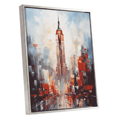 Scarlet Metropolis, red, blue, gray abstract wall art shown as a silver framed canvas wall art