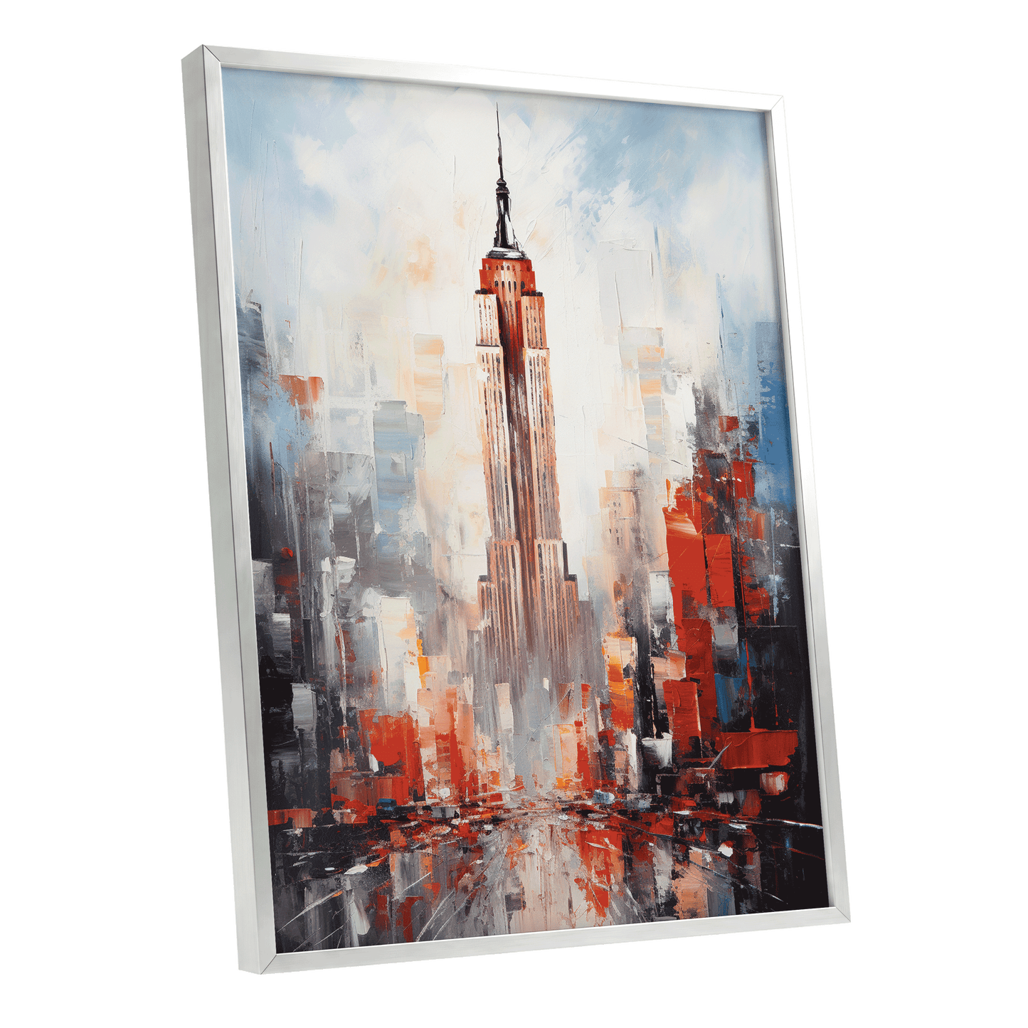 Scarlet Metropolis, red, blue, gray abstract wall art shown as a silver framed poster wall art print