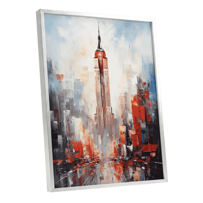 Scarlet Metropolis, red, blue, gray abstract wall art shown as a silver framed poster wall art print