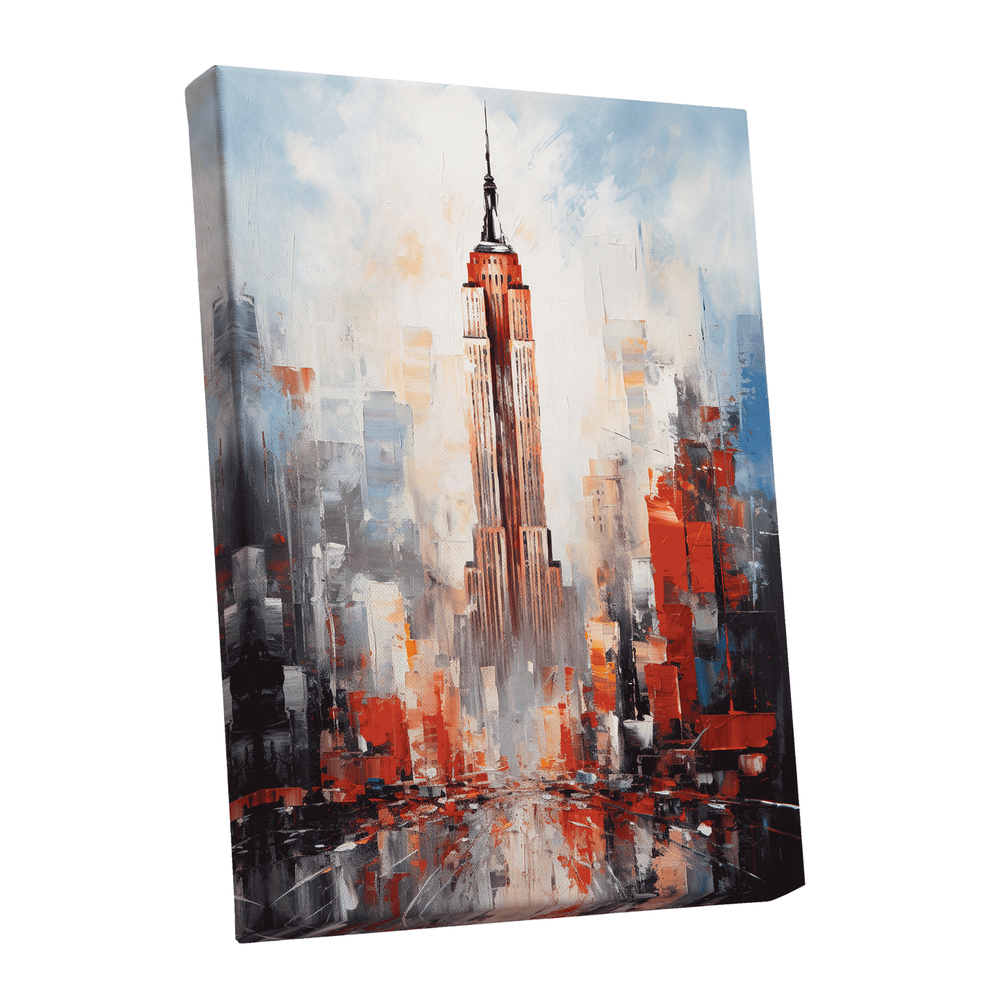 Scarlet Metropolis, red, blue, gray abstract wall art shown as a stretched canvas wall art