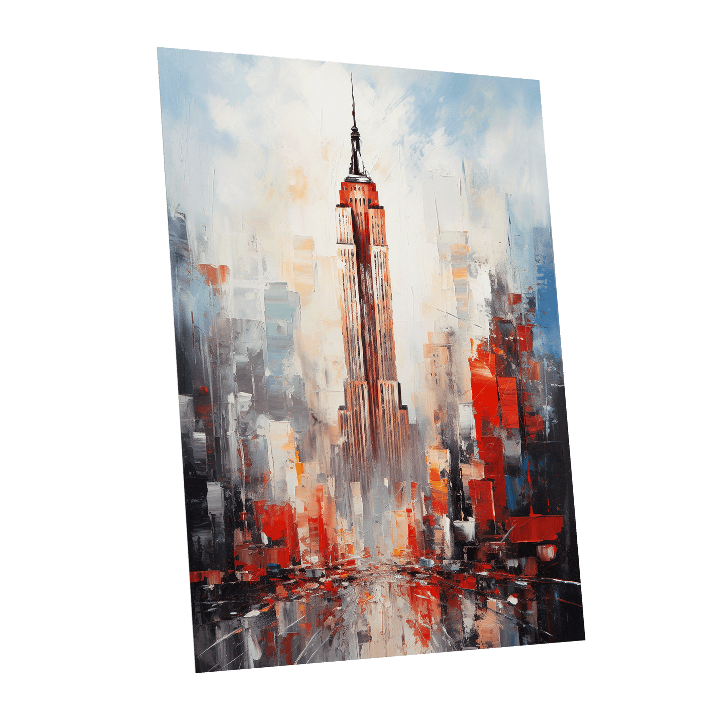 Scarlet Metropolis, red, blue, gray abstract wall art shown as a unframed poster wall art print