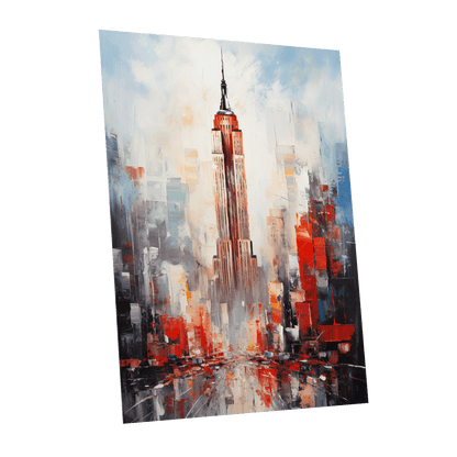 Scarlet Metropolis, red, blue, gray abstract wall art shown as a unframed poster wall art print