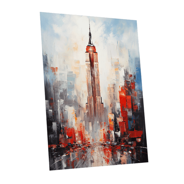 Scarlet Metropolis, red, blue, gray abstract wall art shown as a unframed poster wall art print