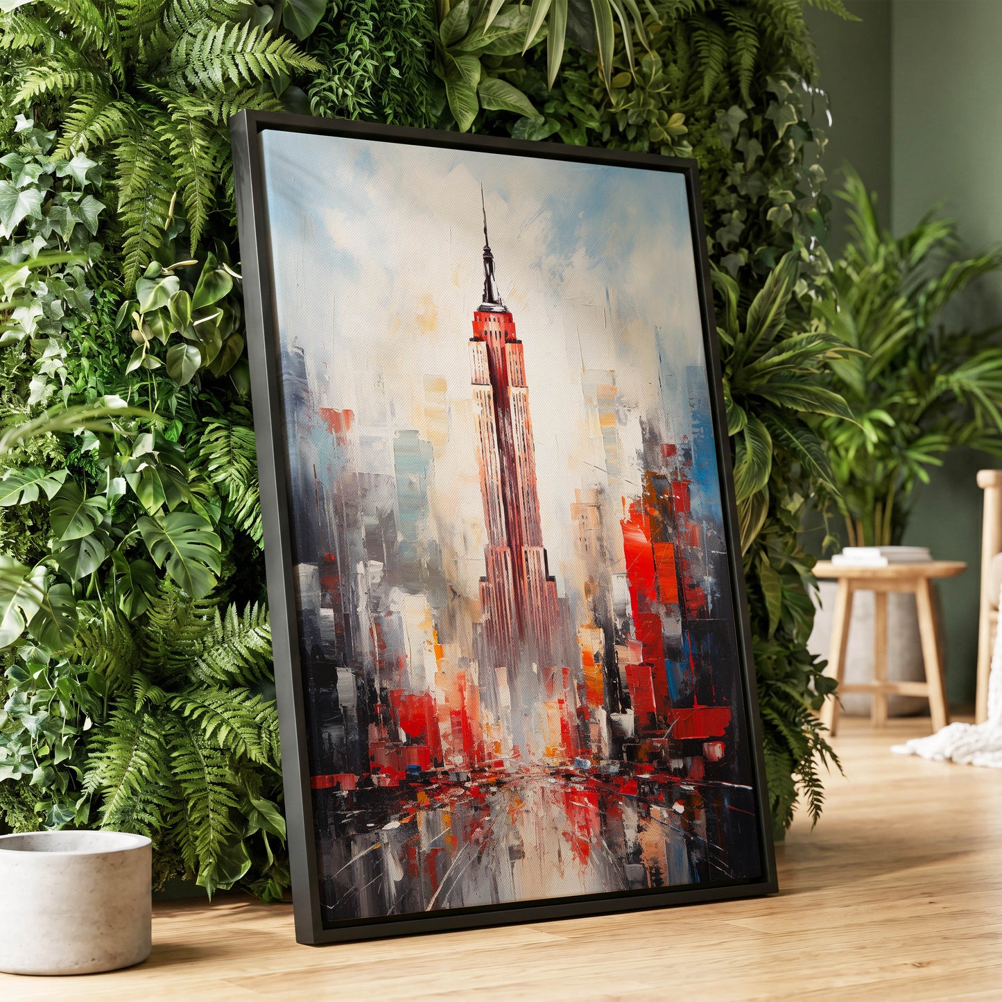 Scarlet Metropolis, red, blue, gray abstract wall art displayed in a styled interior, gallery view 1