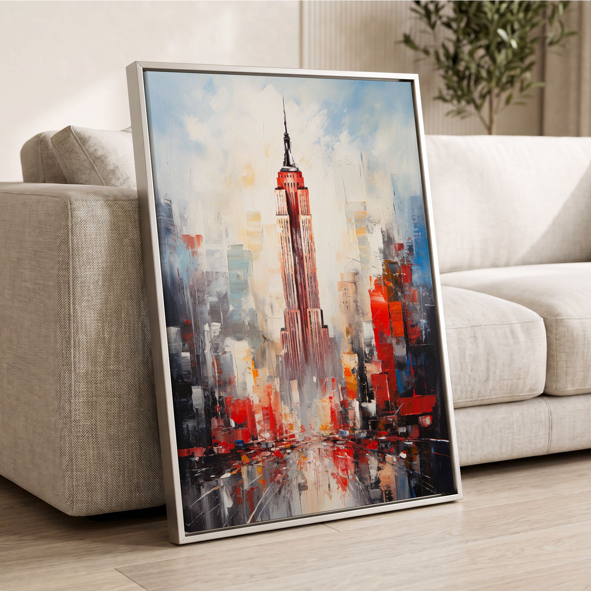 Scarlet Metropolis, red, blue, gray abstract wall art displayed in a styled interior, gallery view 2