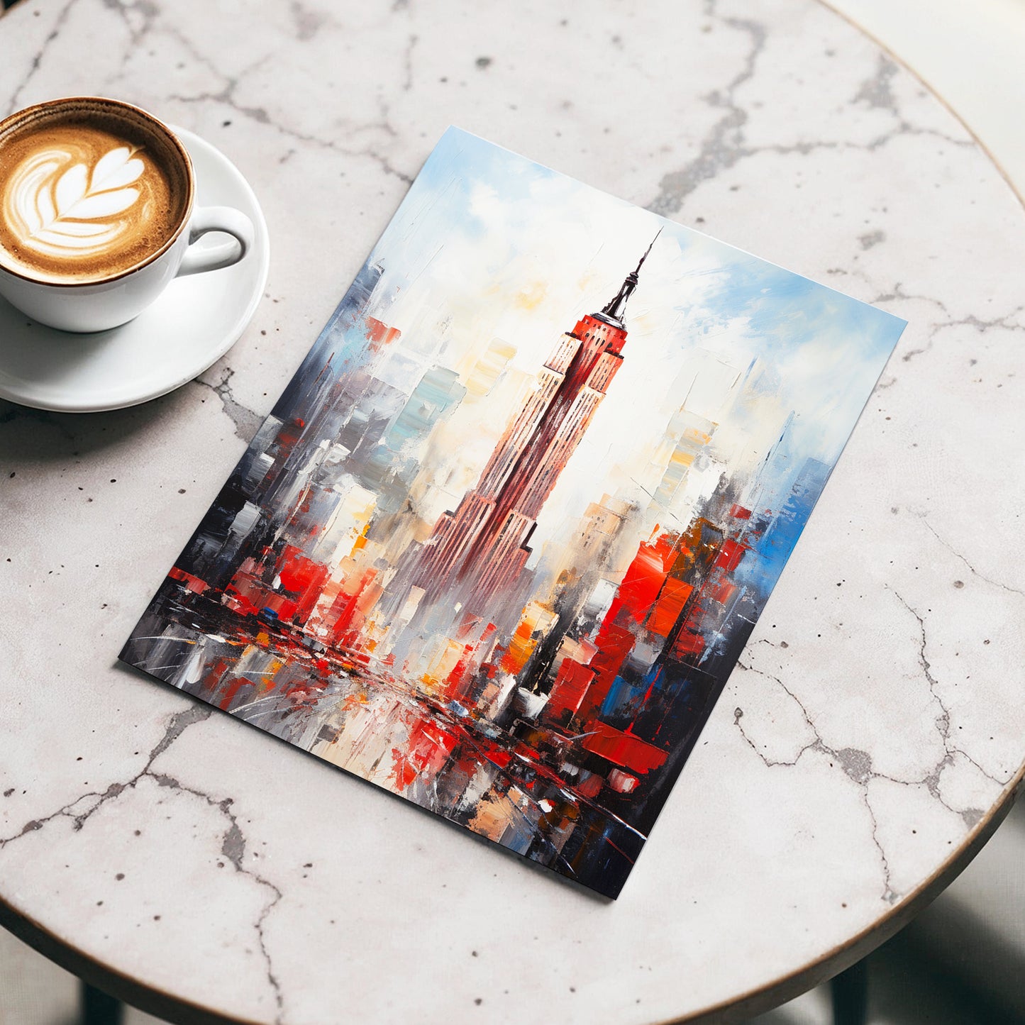 Scarlet Metropolis, red, blue, gray abstract wall art displayed in a styled interior, gallery view 3