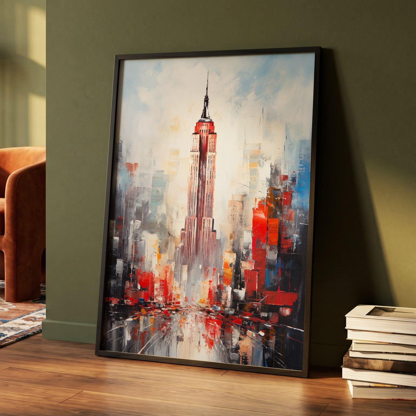 Scarlet Metropolis, red, blue, gray abstract wall art displayed in a styled interior, gallery view 4