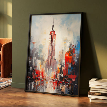 Scarlet Metropolis, red, blue, gray abstract wall art displayed in a styled interior, gallery view 4