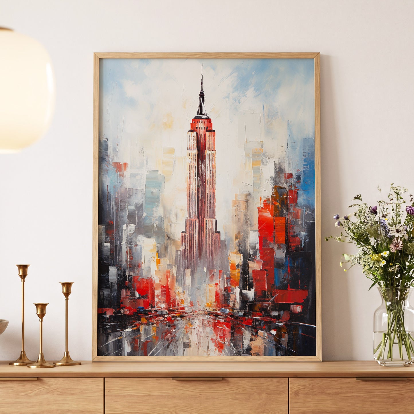 Scarlet Metropolis, red, blue, gray abstract wall art displayed in a styled interior, gallery view 5