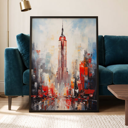 Scarlet Metropolis, red, blue, gray abstract wall art displayed in a styled interior, gallery view 6