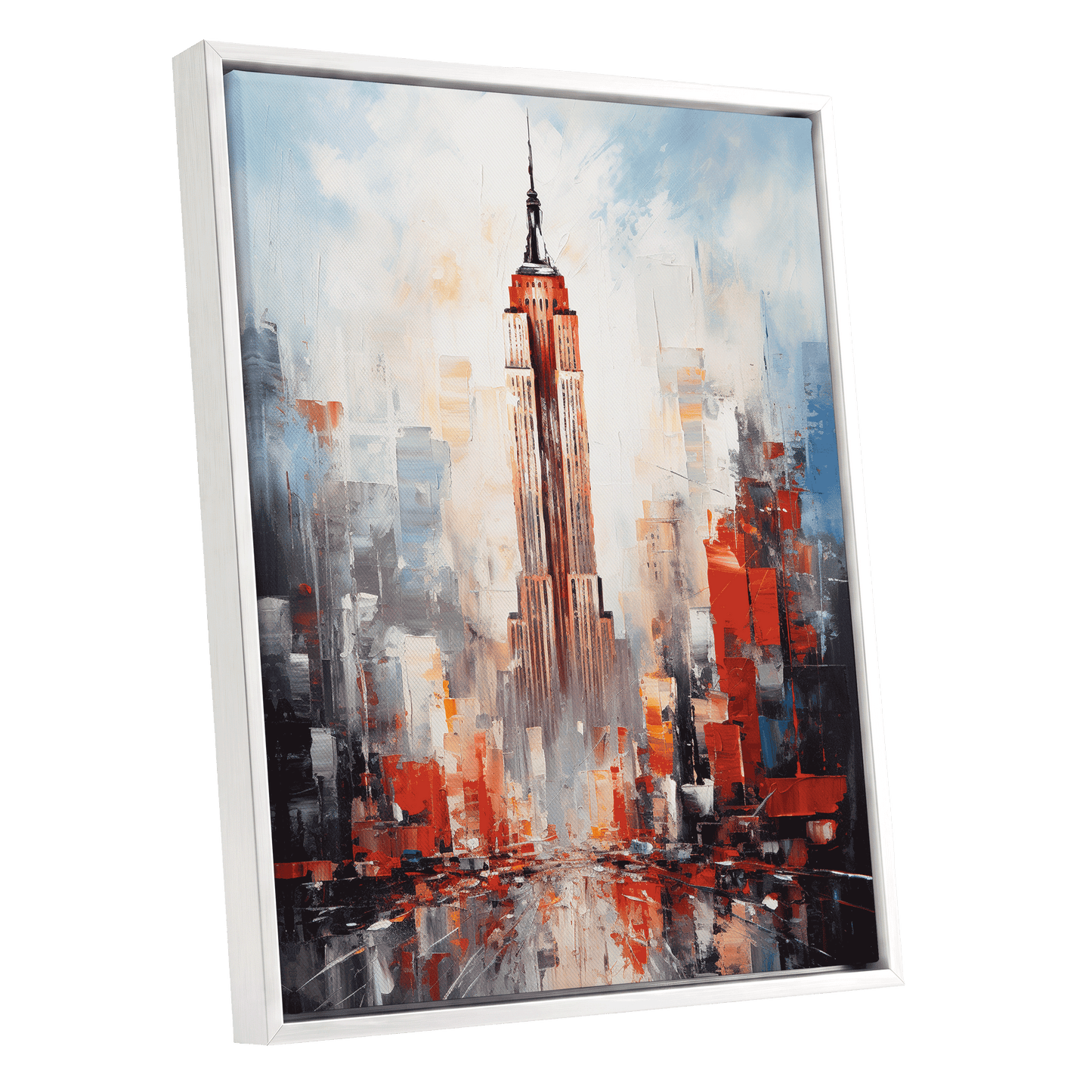 Scarlet Metropolis, red, blue, gray abstract wall art shown as a white framed canvas wall art