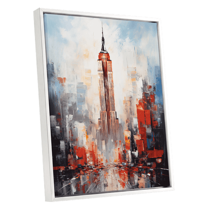 Scarlet Metropolis, red, blue, gray abstract wall art shown as a white framed canvas wall art