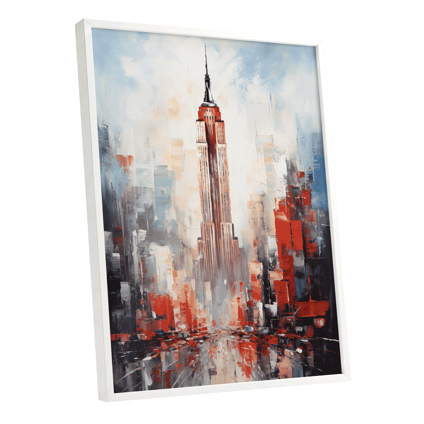 Scarlet Metropolis, red, blue, gray abstract wall art shown as a white framed poster wall art print