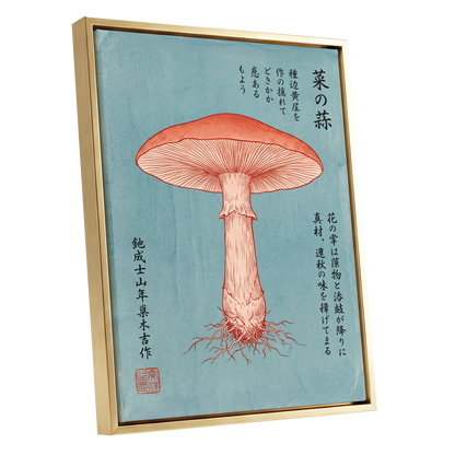 Scarlet Mushroom Study, blue, orange, beige nature wall art shown as a gold framed canvas wall art