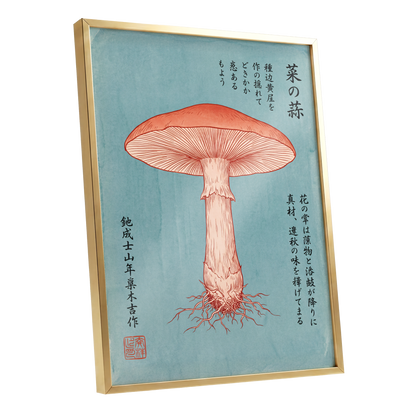 Scarlet Mushroom Study, blue, orange, beige nature wall art shown as a gold framed poster wall art print